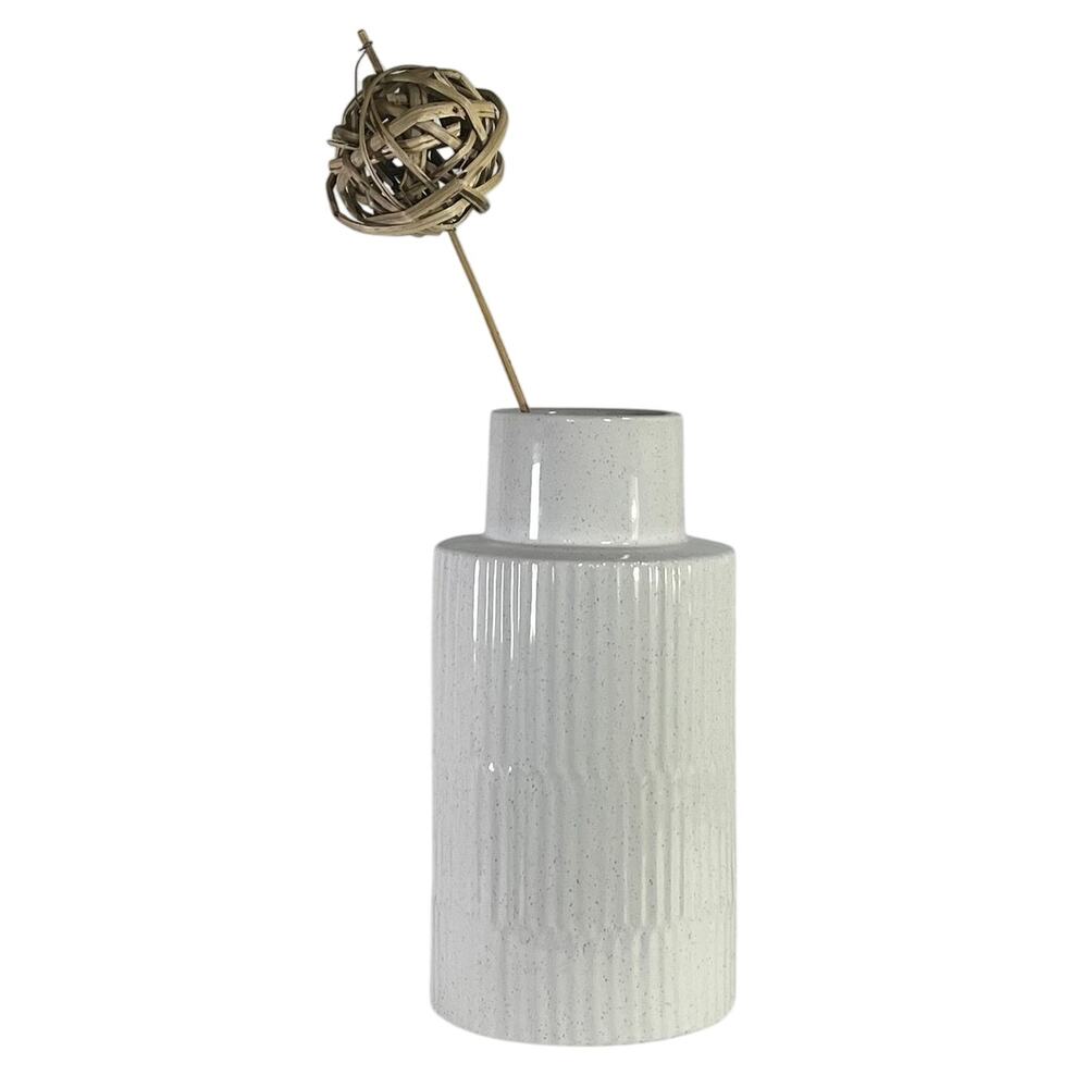 White Ribbed Ceramic Farmhouse Vase Woven Stem 12 In Tall